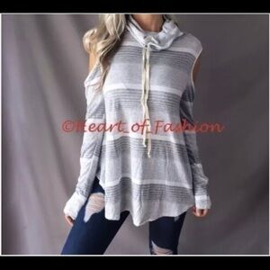 Cold Shoulder Cowl Neck Striped Relaxed Knit Top M